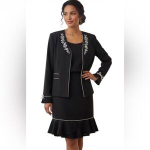 Sag Harbor Vintage Style Black Skirt Suit Set 14 Floral Embroidery Coquette